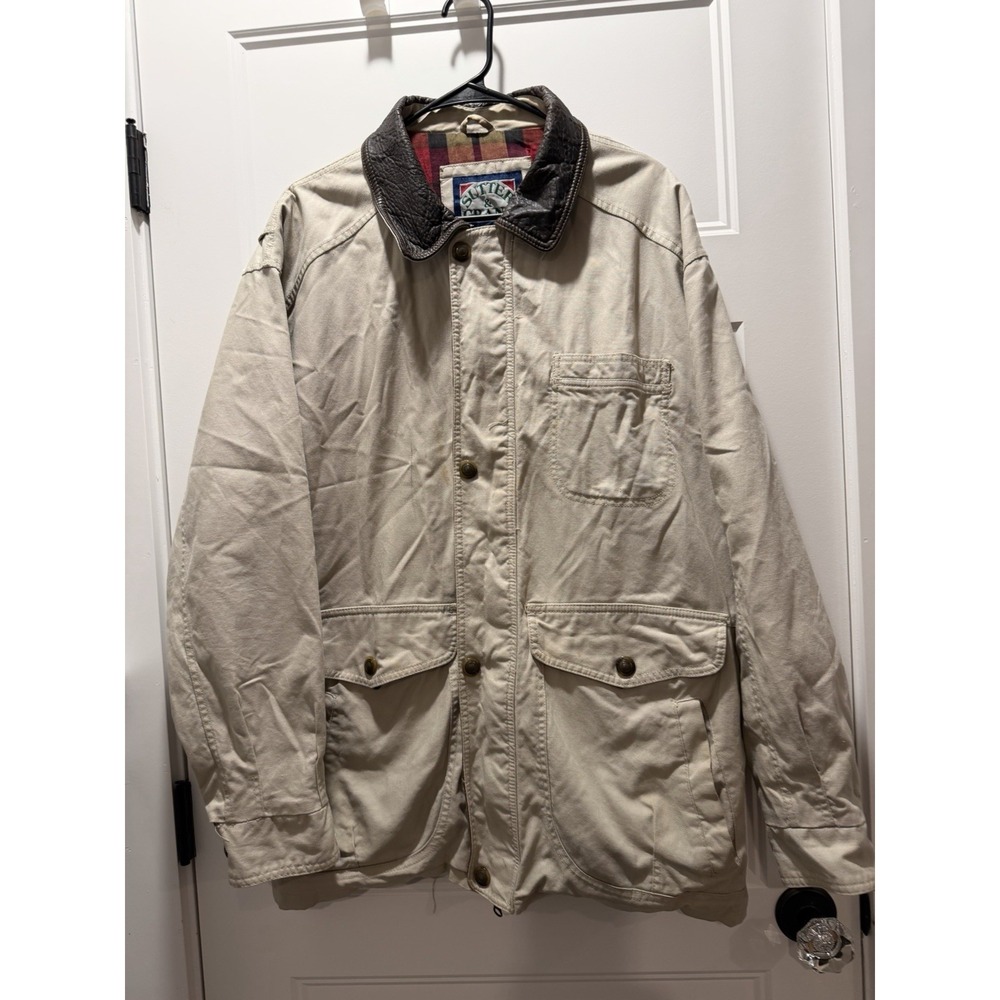 Vintage Sutter And Grant Men's Barn Jacket Large Khaki Cotton Leather Collar